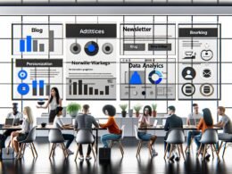 Stilisiertes, modernes Büro mit zentralem Screen, auf dem ein Dashboard mit Blogartikeln, Newsletter-Analytics und Workflows zu sehen ist. Im Hintergrund arbeiten diverse Menschen am Laptop und Whiteboard, auf den Tischen liegen Notizbücher, Kaffee und Tablets.
