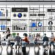 Stilisiertes, modernes Büro mit zentralem Screen, auf dem ein Dashboard mit Blogartikeln, Newsletter-Analytics und Workflows zu sehen ist. Im Hintergrund arbeiten diverse Menschen am Laptop und Whiteboard, auf den Tischen liegen Notizbücher, Kaffee und Tablets.