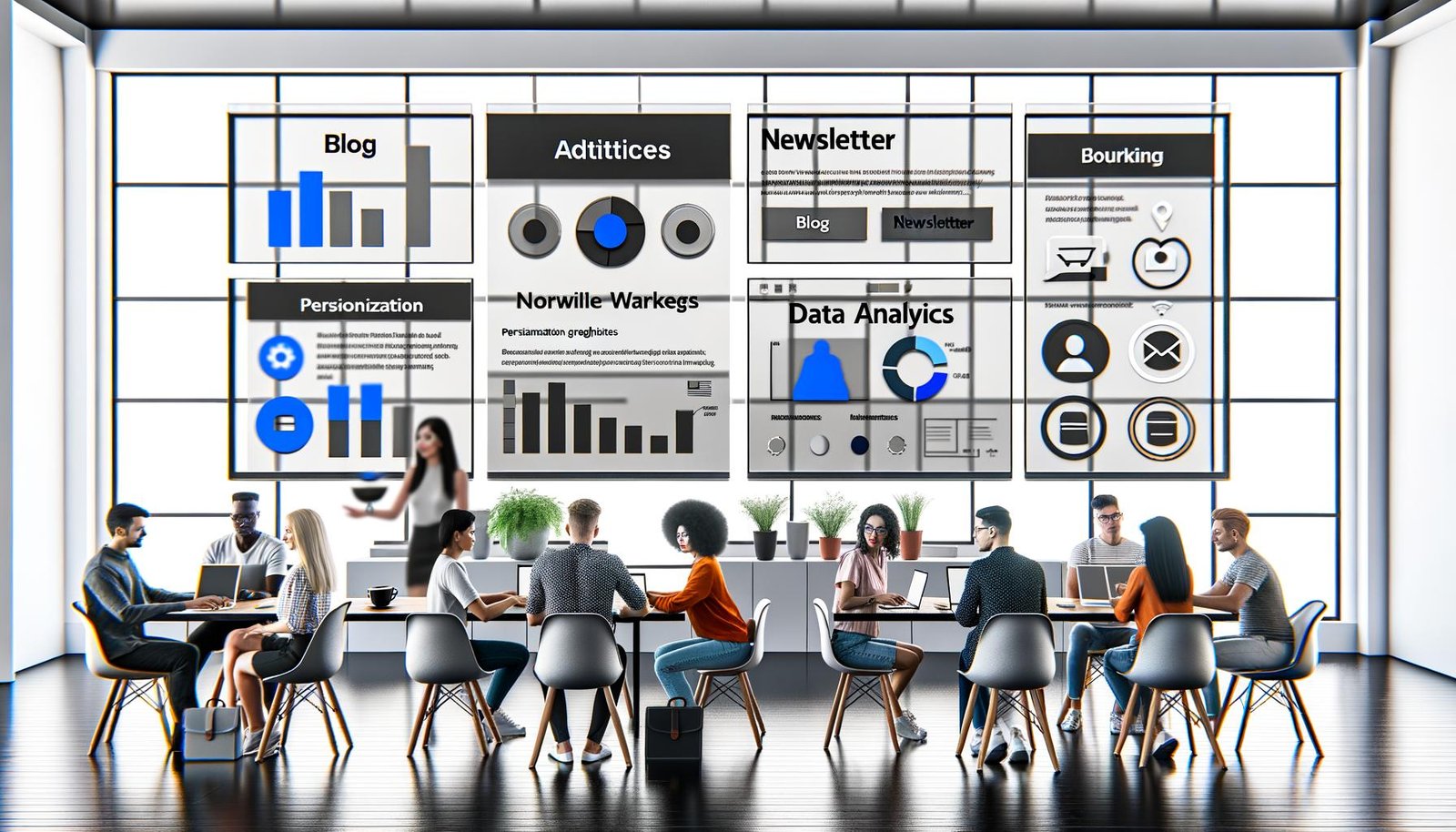 Stilisiertes, modernes Büro mit zentralem Screen, auf dem ein Dashboard mit Blogartikeln, Newsletter-Analytics und Workflows zu sehen ist. Im Hintergrund arbeiten diverse Menschen am Laptop und Whiteboard, auf den Tischen liegen Notizbücher, Kaffee und Tablets.
