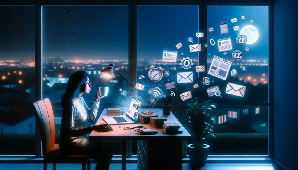 Blogger arbeitet nachts konzentriert mit Laptop und Kaffeetasse im Home-Office, digitale Icons schweben um ihn, stille Stadt im Hintergrund.