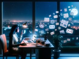 Blogger arbeitet nachts konzentriert mit Laptop und Kaffeetasse im Home-Office, digitale Icons schweben um ihn, stille Stadt im Hintergrund.