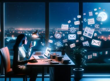 Blogger arbeitet nachts konzentriert mit Laptop und Kaffeetasse im Home-Office, digitale Icons schweben um ihn, stille Stadt im Hintergrund.