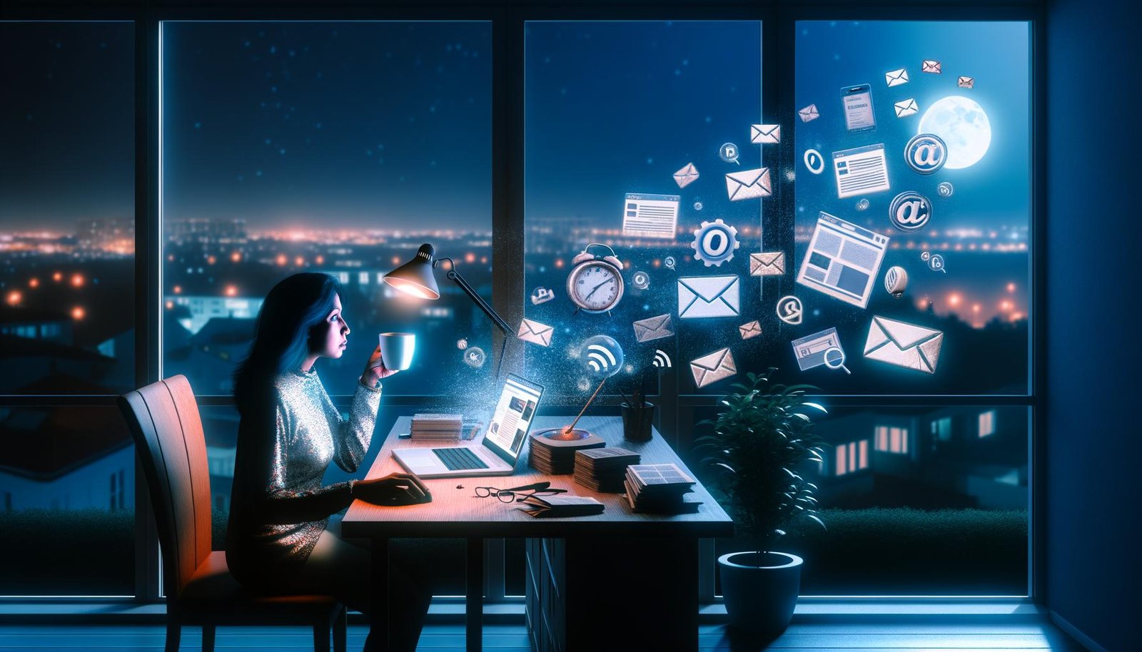 Blogger arbeitet nachts konzentriert mit Laptop und Kaffeetasse im Home-Office, digitale Icons schweben um ihn, stille Stadt im Hintergrund.