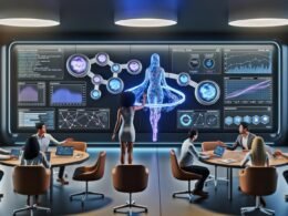 Futuristisches Labor mit großen Digitalscreens, Team aus Marketern und Datenwissenschaftlern betrachtet einen holografischen digitalen Zwilling inmitten von Daten und Simulationen.