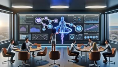 Futuristisches Labor mit großen Digitalscreens, Team aus Marketern und Datenwissenschaftlern betrachtet einen holografischen digitalen Zwilling inmitten von Daten und Simulationen.