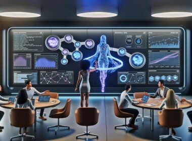 Futuristisches Labor mit großen Digitalscreens, Team aus Marketern und Datenwissenschaftlern betrachtet einen holografischen digitalen Zwilling inmitten von Daten und Simulationen.