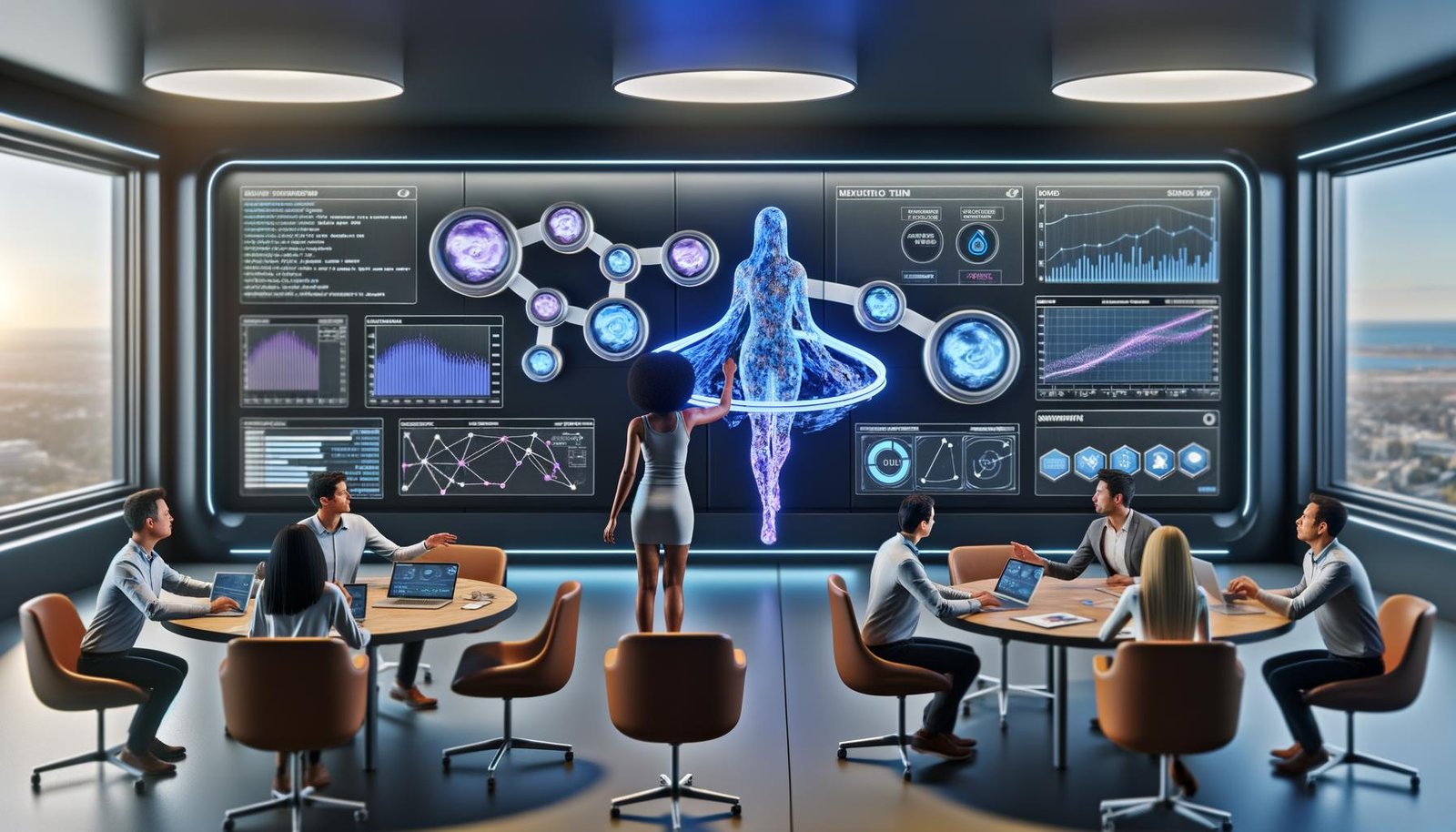 Futuristisches Labor mit großen Digitalscreens, Team aus Marketern und Datenwissenschaftlern betrachtet einen holografischen digitalen Zwilling inmitten von Daten und Simulationen.