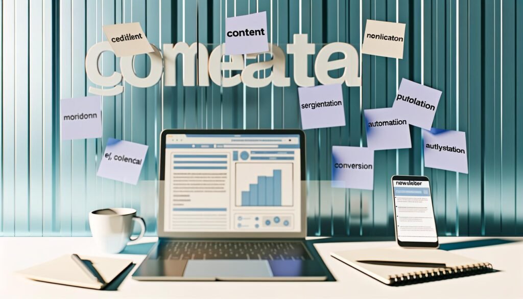 Moderne Computer-Workstation mit Laptop, Redaktionsplan-Notizen, Kaffeetasse und Smartphone mit Newsletter-Analyse; im Hintergrund Post-Its mit Online-Marketing-Begriffen.