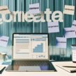 Moderne Computer-Workstation mit Laptop, Redaktionsplan-Notizen, Kaffeetasse und Smartphone mit Newsletter-Analyse; im Hintergrund Post-Its mit Online-Marketing-Begriffen.