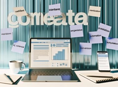 Moderne Computer-Workstation mit Laptop, Redaktionsplan-Notizen, Kaffeetasse und Smartphone mit Newsletter-Analyse; im Hintergrund Post-Its mit Online-Marketing-Begriffen.
