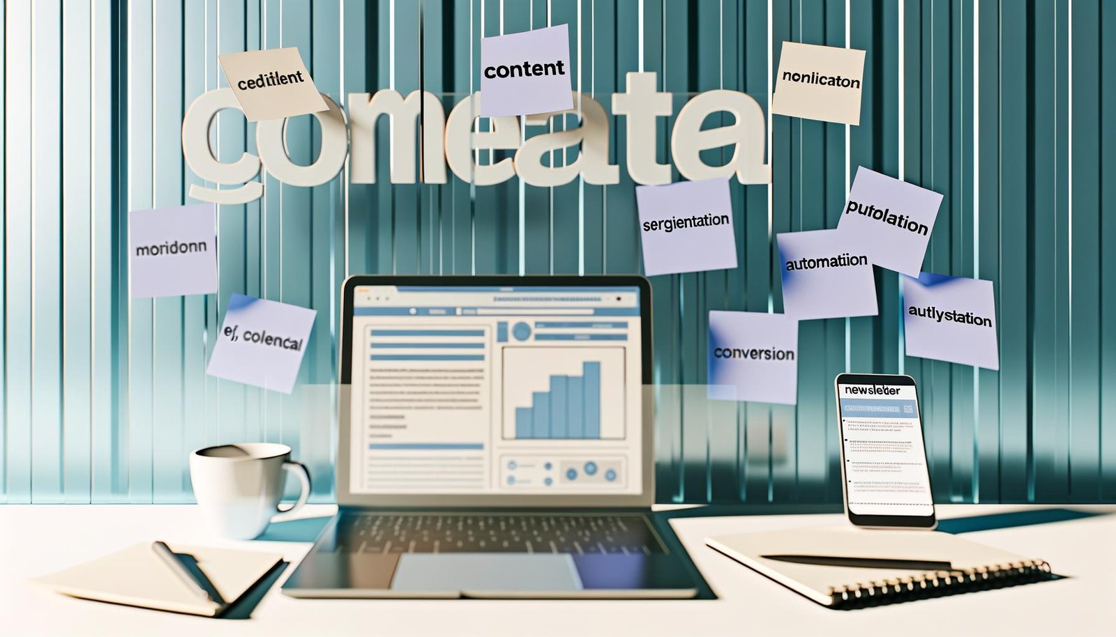 Moderne Computer-Workstation mit Laptop, Redaktionsplan-Notizen, Kaffeetasse und Smartphone mit Newsletter-Analyse; im Hintergrund Post-Its mit Online-Marketing-Begriffen.