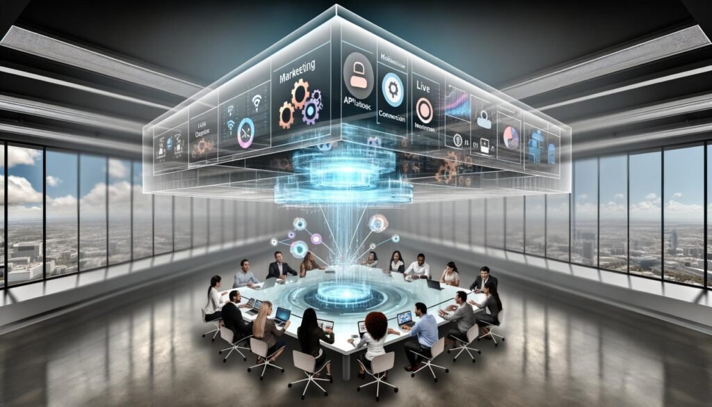 Futuristisches Open-Office mit Experten, die an einer holografischen 3D-Digital Twin Maschine zusammenarbeiten, umgeben von Dashboards und Datenströmen.