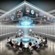 Futuristisches Open-Office mit Experten, die an einer holografischen 3D-Digital Twin Maschine zusammenarbeiten, umgeben von Dashboards und Datenströmen.
