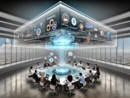 Futuristisches Open-Office mit Experten, die an einer holografischen 3D-Digital Twin Maschine zusammenarbeiten, umgeben von Dashboards und Datenströmen.