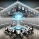Futuristisches Open-Office mit Experten, die an einer holografischen 3D-Digital Twin Maschine zusammenarbeiten, umgeben von Dashboards und Datenströmen.
