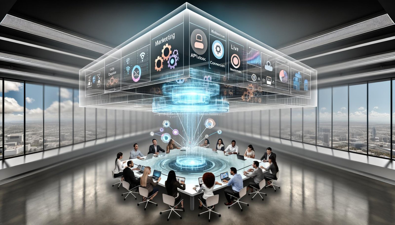 Futuristisches Open-Office mit Experten, die an einer holografischen 3D-Digital Twin Maschine zusammenarbeiten, umgeben von Dashboards und Datenströmen.