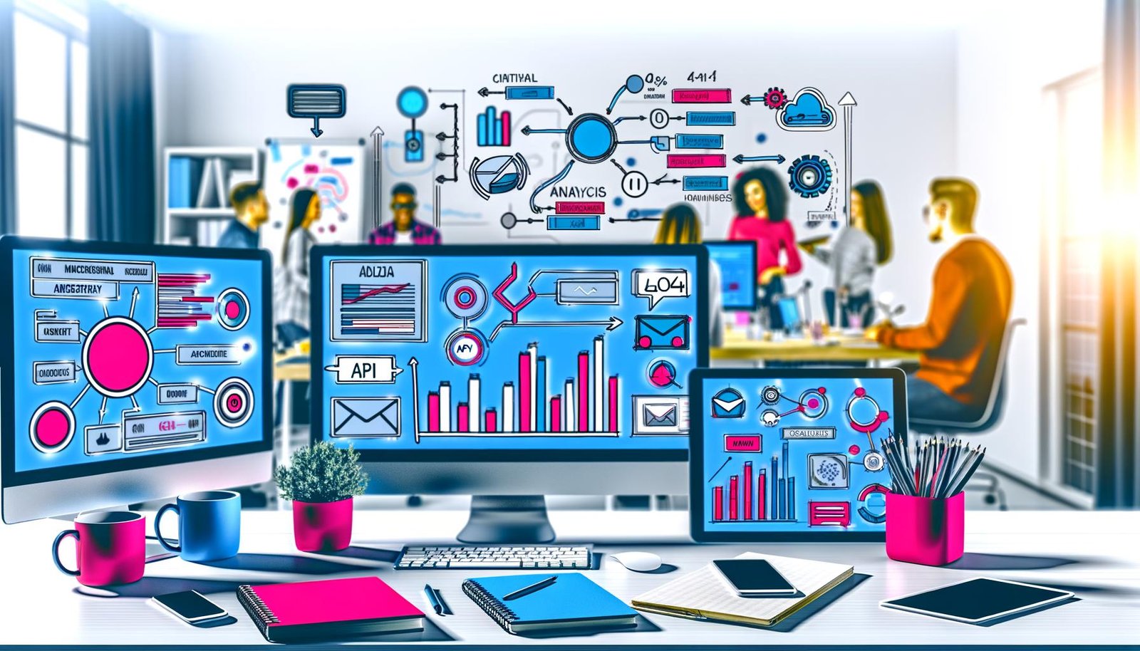 Futuristischer Marketing-Arbeitsplatz mit Monitoren, Dashboard, API-Integrationen, Notebooks, Kaffeetassen, Smartphone und dynamischen Profis im modernen Büro.