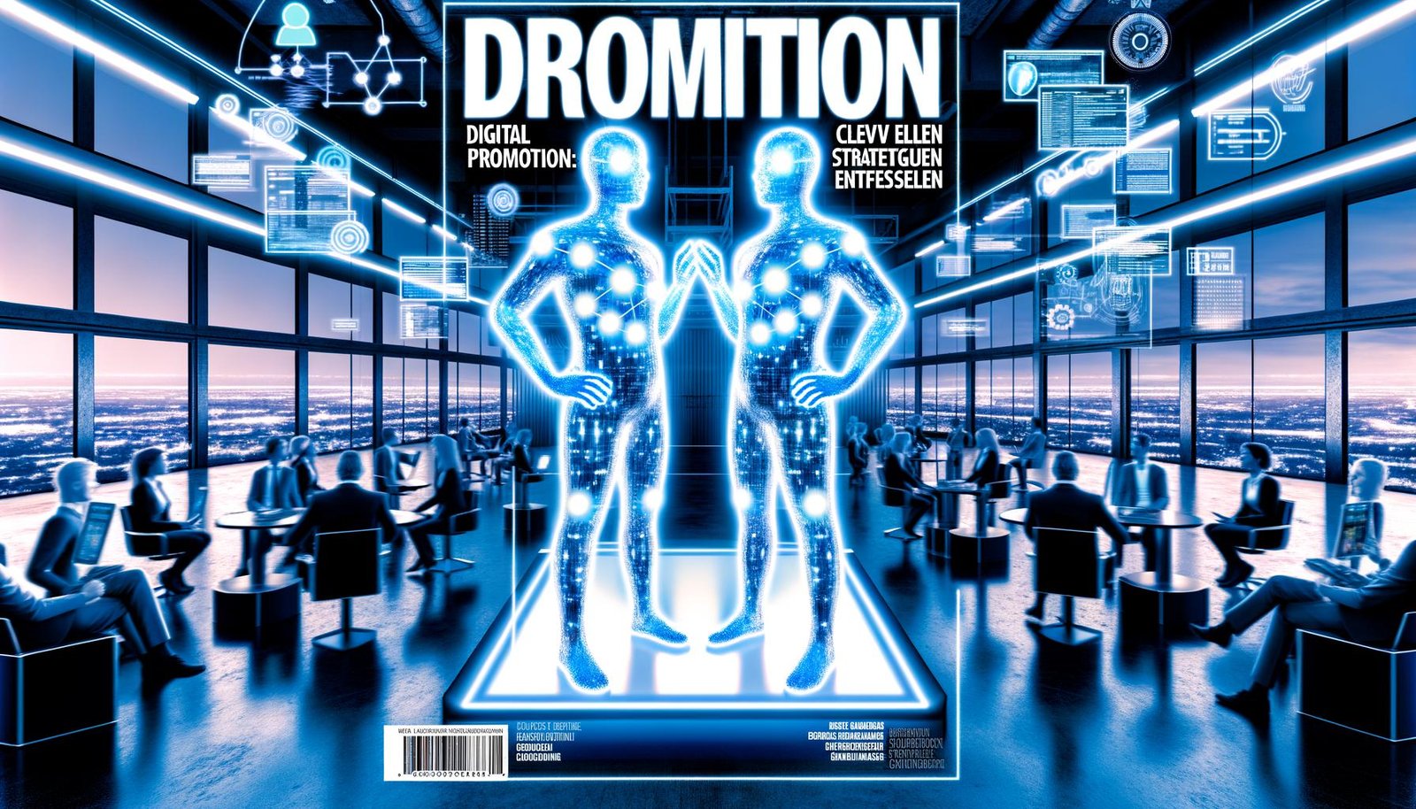Hochdetailliertes Cover mit zwei spiegelbildlichen 3D-Humanoiden, umgeben von Datenströmen und digitalen Sensoren, in einer modernen Industrieszene mit Menschen an Displays und futuristischen Interface-Elementen.