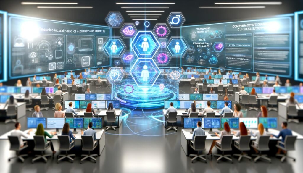 Offenes, modernes Marketingbüro mit 3D-Hologramm aus digitalen Zwillingen, interaktiven Datendisplays und verknüpften Promotion-Kanälen in innovativer Atmosphäre.
