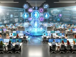 Offenes, modernes Marketingbüro mit 3D-Hologramm aus digitalen Zwillingen, interaktiven Datendisplays und verknüpften Promotion-Kanälen in innovativer Atmosphäre.