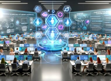 Offenes, modernes Marketingbüro mit 3D-Hologramm aus digitalen Zwillingen, interaktiven Datendisplays und verknüpften Promotion-Kanälen in innovativer Atmosphäre.