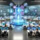 Offenes, modernes Marketingbüro mit 3D-Hologramm aus digitalen Zwillingen, interaktiven Datendisplays und verknüpften Promotion-Kanälen in innovativer Atmosphäre.