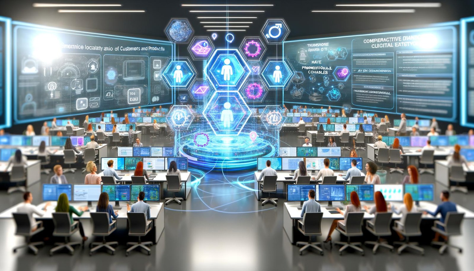 Offenes, modernes Marketingbüro mit 3D-Hologramm aus digitalen Zwillingen, interaktiven Datendisplays und verknüpften Promotion-Kanälen in innovativer Atmosphäre.
