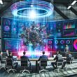 Professionals aus Wirtschaft und Technik diskutieren an einem Konferenztisch um ein holografisches 3D-Modell einer Maschine mit visualisierten Datenströmen und digitalen Anzeigen in moderner Industrielocation.