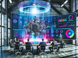 Professionals aus Wirtschaft und Technik diskutieren an einem Konferenztisch um ein holografisches 3D-Modell einer Maschine mit visualisierten Datenströmen und digitalen Anzeigen in moderner Industrielocation.