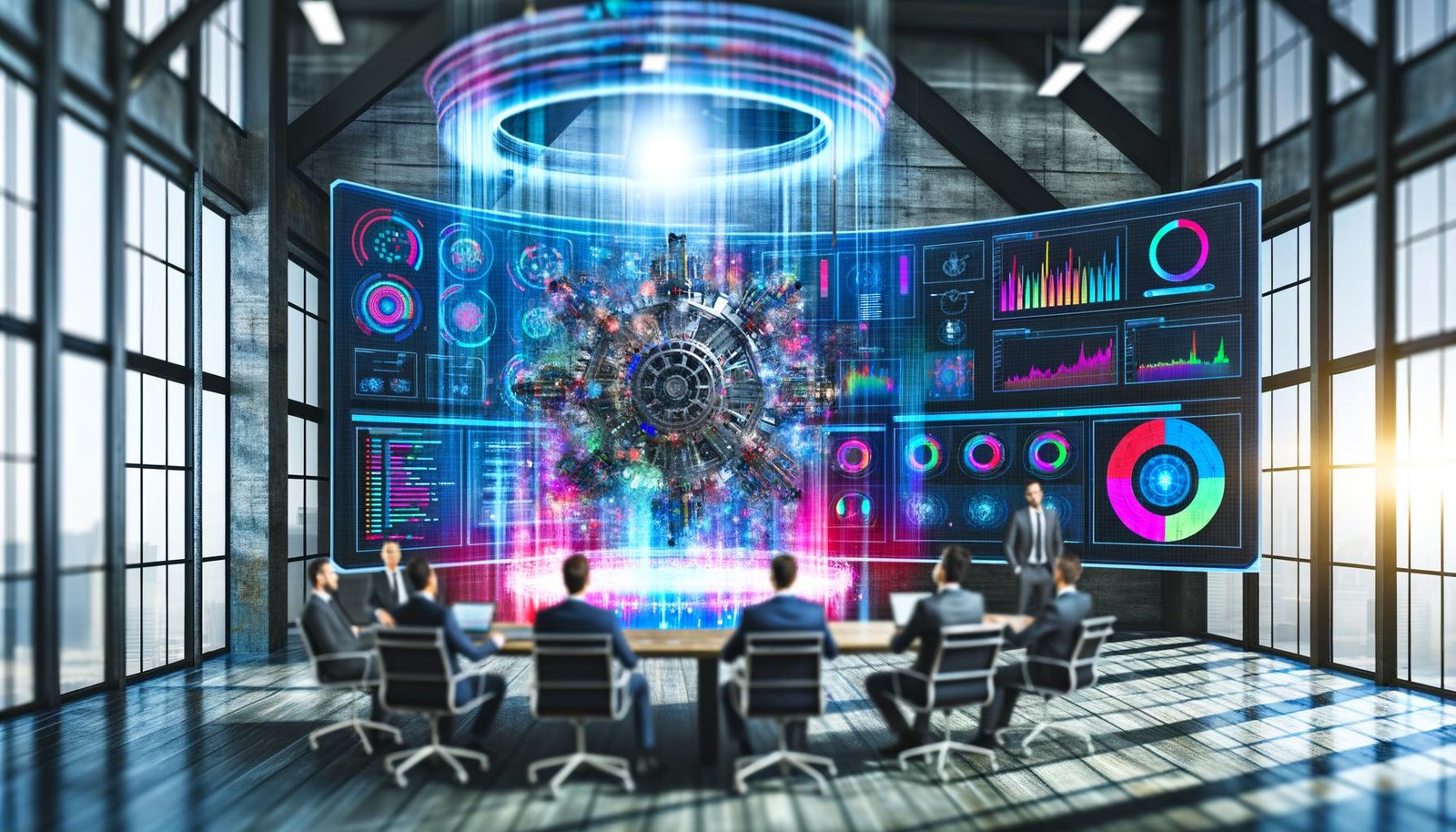 Professionals aus Wirtschaft und Technik diskutieren an einem Konferenztisch um ein holografisches 3D-Modell einer Maschine mit visualisierten Datenströmen und digitalen Anzeigen in moderner Industrielocation.