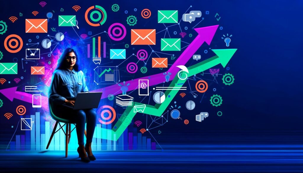 Moderne Marketerin mit Laptop am Schreibtisch, umgeben von farbigen Diagrammen, E-Mail-Symbolen und Blogpost-Layouts, mit steigenden Pfeilen und Verbindungs-Linien im Hintergrund in Editorial-Design-Stil.
