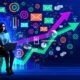 Moderne Marketerin mit Laptop am Schreibtisch, umgeben von farbigen Diagrammen, E-Mail-Symbolen und Blogpost-Layouts, mit steigenden Pfeilen und Verbindungs-Linien im Hintergrund in Editorial-Design-Stil.