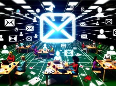 Diverse Blogger-Gruppe arbeitet im modernen Workspace mit digitalen Geräten, kreativen Notizen und einem strahlenden E-Mail-Newsletter-Symbol, das Engagement und Netzwerke zu Lesern visualisiert.