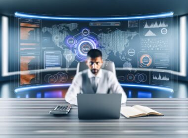 Minimalistischer, moderner Arbeitsplatz mit großem Bildschirm, auf dem SEO-Dashboards und Keyword-Tools wie ahrefs und SEMrush angezeigt werden. Eine konzentrierte Person arbeitet am Laptop im Vordergrund.