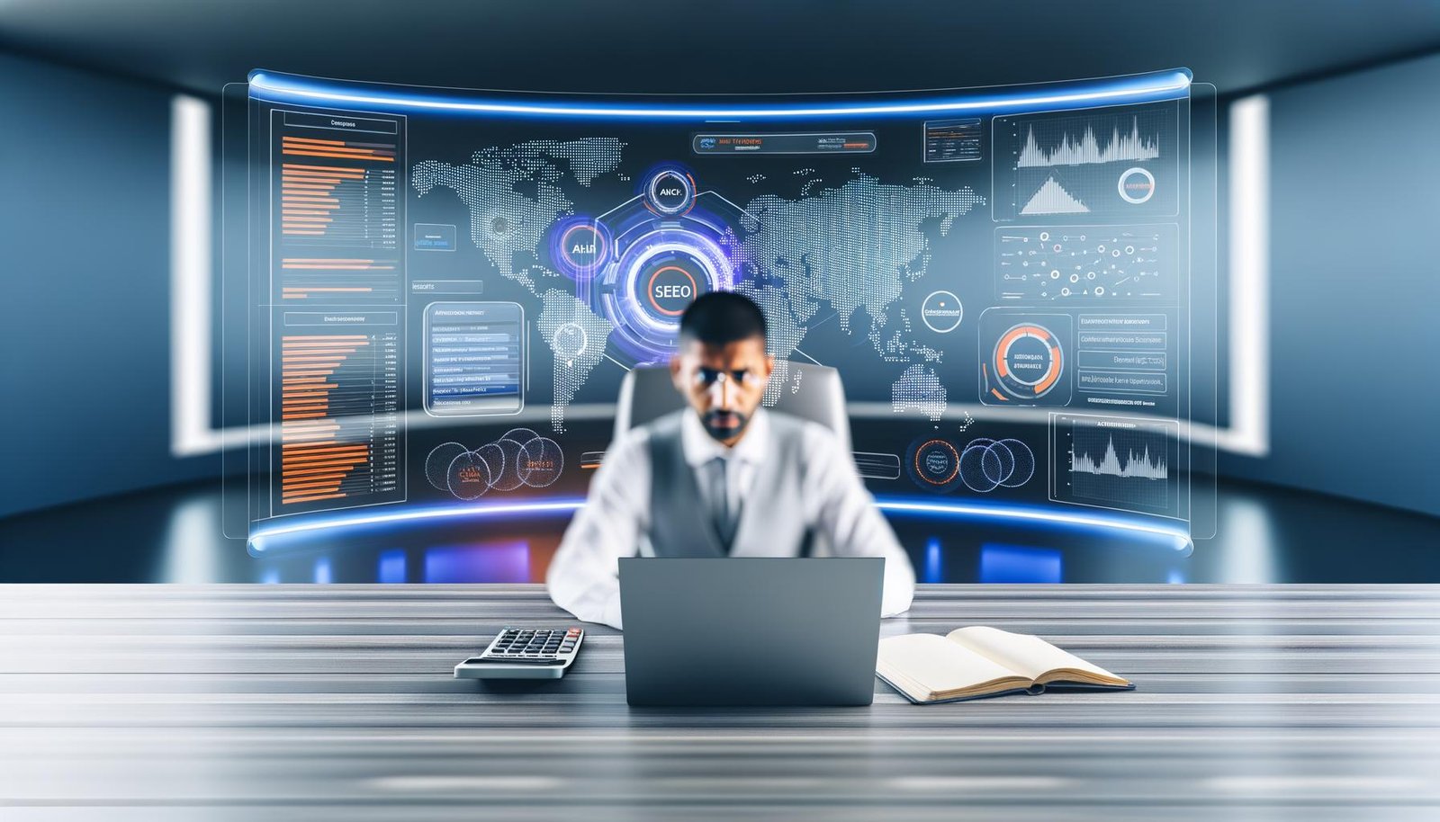 Minimalistischer, moderner Arbeitsplatz mit großem Bildschirm, auf dem SEO-Dashboards und Keyword-Tools wie ahrefs und SEMrush angezeigt werden. Eine konzentrierte Person arbeitet am Laptop im Vordergrund.