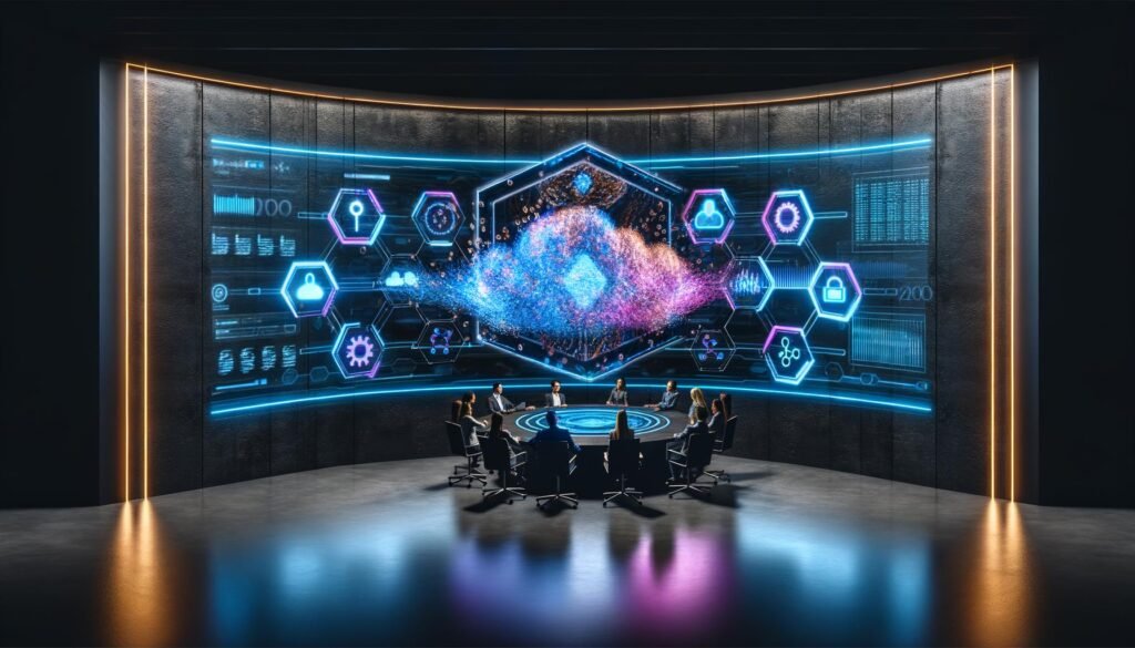 Futuristisches Kontrollzentrum mit interaktiven 3D-Darstellungen, Live-Dashboards und Teams aus Marketing, IT und Datenwissenschaft in intensiver Zusammenarbeit. Holografische Symbole für APIs, Sicherheit und Cloud umgeben den Raum mit innovativem Ambiente.