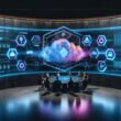 Futuristisches Kontrollzentrum mit interaktiven 3D-Darstellungen, Live-Dashboards und Teams aus Marketing, IT und Datenwissenschaft in intensiver Zusammenarbeit. Holografische Symbole für APIs, Sicherheit und Cloud umgeben den Raum mit innovativem Ambiente.