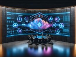 Futuristisches Kontrollzentrum mit interaktiven 3D-Darstellungen, Live-Dashboards und Teams aus Marketing, IT und Datenwissenschaft in intensiver Zusammenarbeit. Holografische Symbole für APIs, Sicherheit und Cloud umgeben den Raum mit innovativem Ambiente.