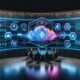 Futuristisches Kontrollzentrum mit interaktiven 3D-Darstellungen, Live-Dashboards und Teams aus Marketing, IT und Datenwissenschaft in intensiver Zusammenarbeit. Holografische Symbole für APIs, Sicherheit und Cloud umgeben den Raum mit innovativem Ambiente.