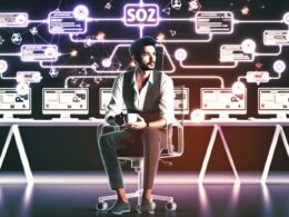 Illustration eines Bloggers in einem minimalistischen, futuristischen Büro mit automatisierten, leuchtenden Workflow-Diagrammen und digitalen Checklisten im Hintergrund.