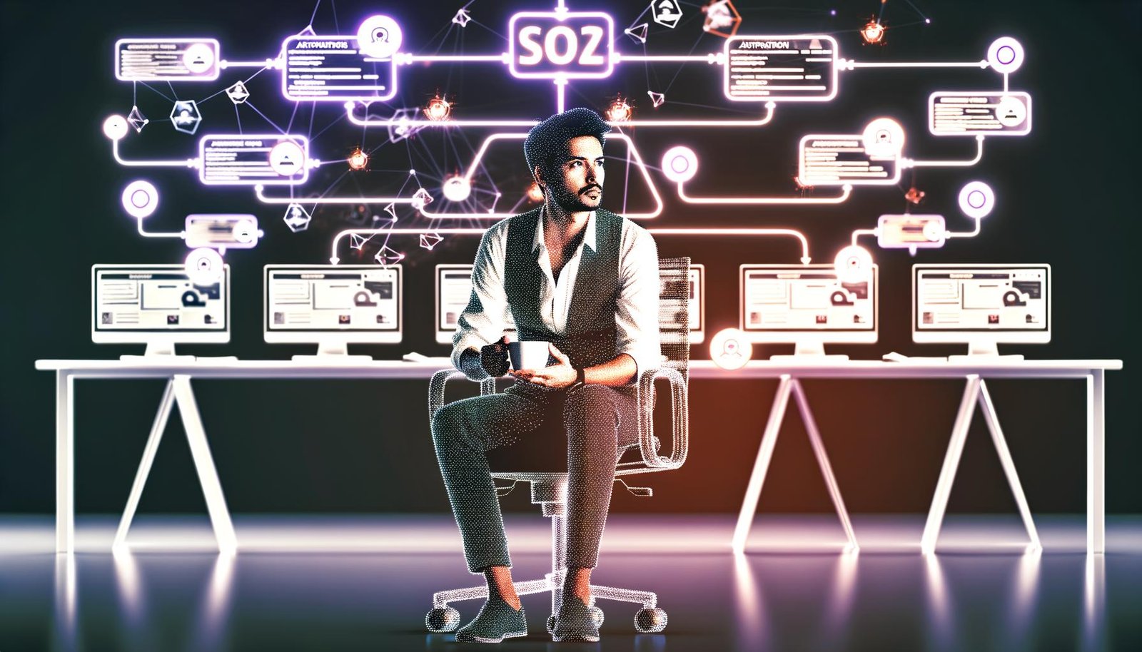 Illustration eines Bloggers in einem minimalistischen, futuristischen Büro mit automatisierten, leuchtenden Workflow-Diagrammen und digitalen Checklisten im Hintergrund.
