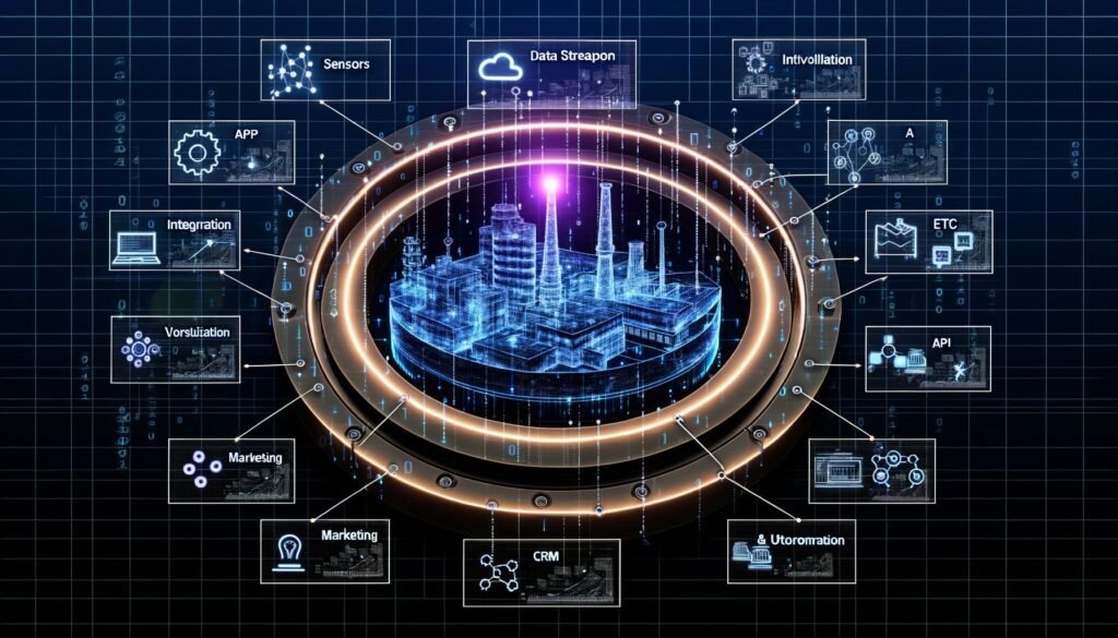 Komplexes Schaubild mit digitalem Zwilling einer Industrieanlage und farbcodierten Layern für Daten, Integration, Visualisierung und Marketing, verbunden durch Datenflüsse und moderne grafische Elemente.