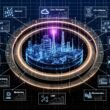 Komplexes Schaubild mit digitalem Zwilling einer Industrieanlage und farbcodierten Layern für Daten, Integration, Visualisierung und Marketing, verbunden durch Datenflüsse und moderne grafische Elemente.