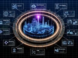 Komplexes Schaubild mit digitalem Zwilling einer Industrieanlage und farbcodierten Layern für Daten, Integration, Visualisierung und Marketing, verbunden durch Datenflüsse und moderne grafische Elemente.