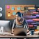 Blogger arbeitet fokussiert an Laptop im modernen Home-Office, umgeben von SEO-Statistiken, Checklisten und Notizzetteln mit kämpferischer Arbeitsatmosphäre.