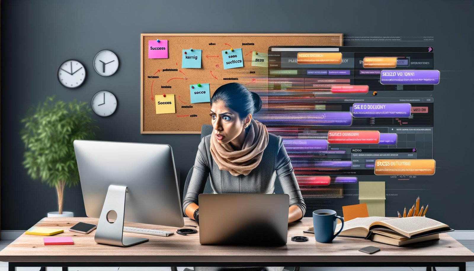 Blogger arbeitet fokussiert an Laptop im modernen Home-Office, umgeben von SEO-Statistiken, Checklisten und Notizzetteln mit kämpferischer Arbeitsatmosphäre.