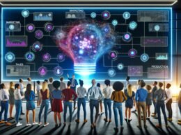 Junge Marketers im modernen Büro betrachten begeisternd einen digitalen Zwilling eines Produkts auf einem riesigen Screen, umgeben von Daten, Diagrammen und leuchtenden Verbindungen zu verschiedenen Geschäftsbereichen.