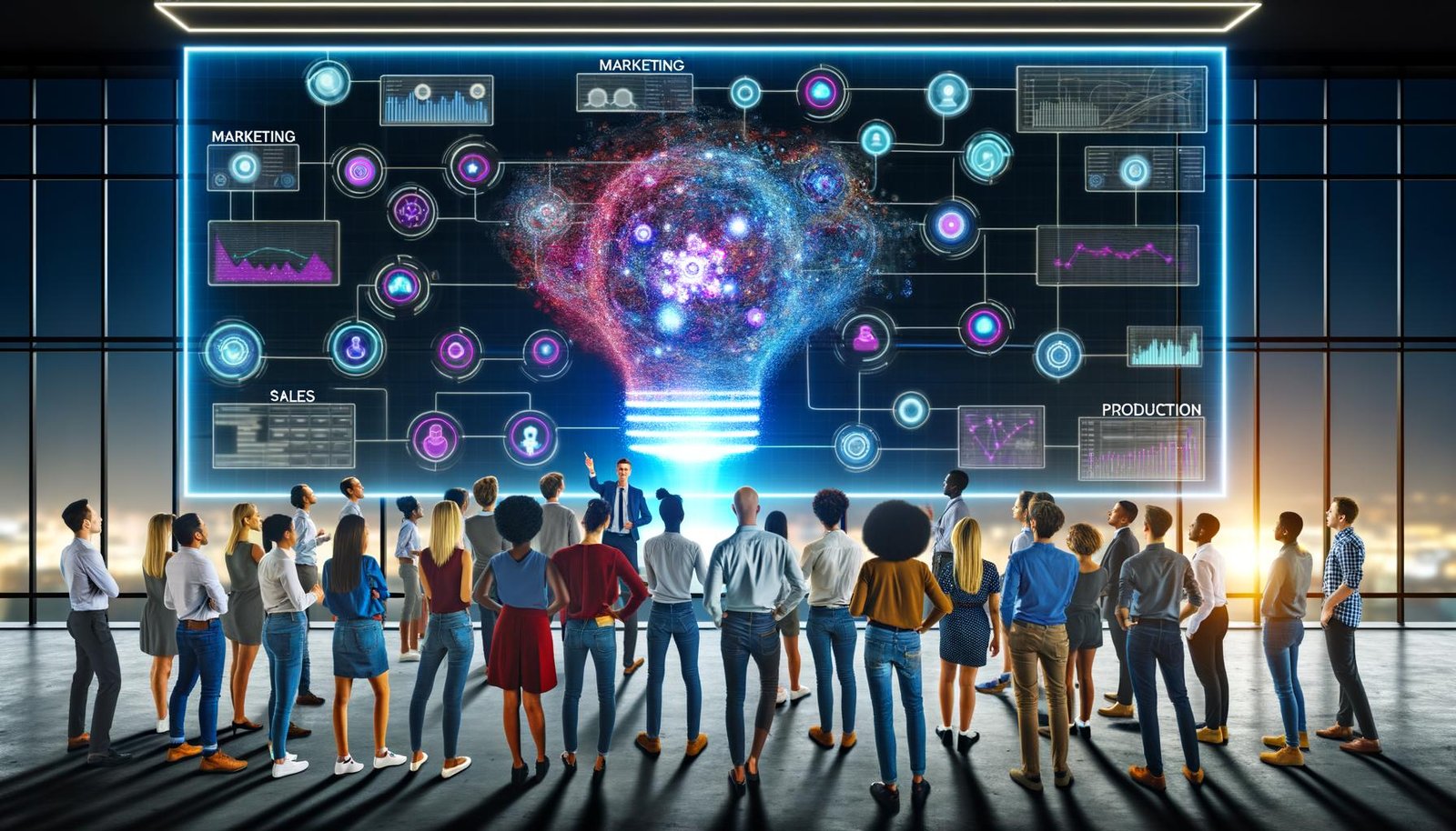 Junge Marketers im modernen Büro betrachten begeisternd einen digitalen Zwilling eines Produkts auf einem riesigen Screen, umgeben von Daten, Diagrammen und leuchtenden Verbindungen zu verschiedenen Geschäftsbereichen.