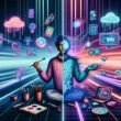 Digitale Illustration eines modernen Arbeitsplatzes mit einer kreativen Person – halb traditionell mit Pinsel und Notizbuch, halb futuristisch mit KI-Chips und Coding-Icons, umgeben von Datenströmen und Tools.