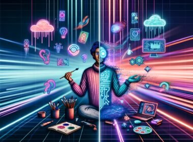 Digitale Illustration eines modernen Arbeitsplatzes mit einer kreativen Person – halb traditionell mit Pinsel und Notizbuch, halb futuristisch mit KI-Chips und Coding-Icons, umgeben von Datenströmen und Tools.